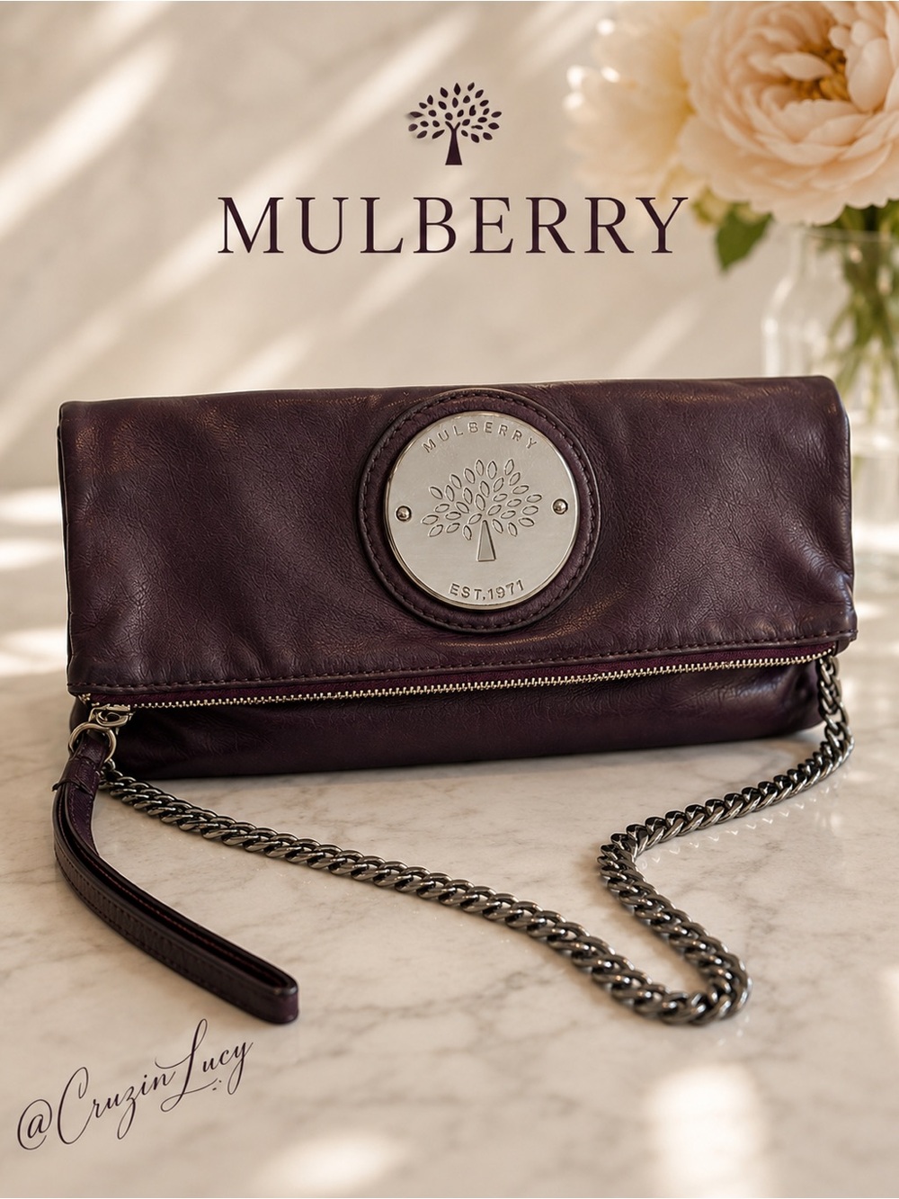 Mulberry Fold Over Leather Crossbody Clutch Aubergine